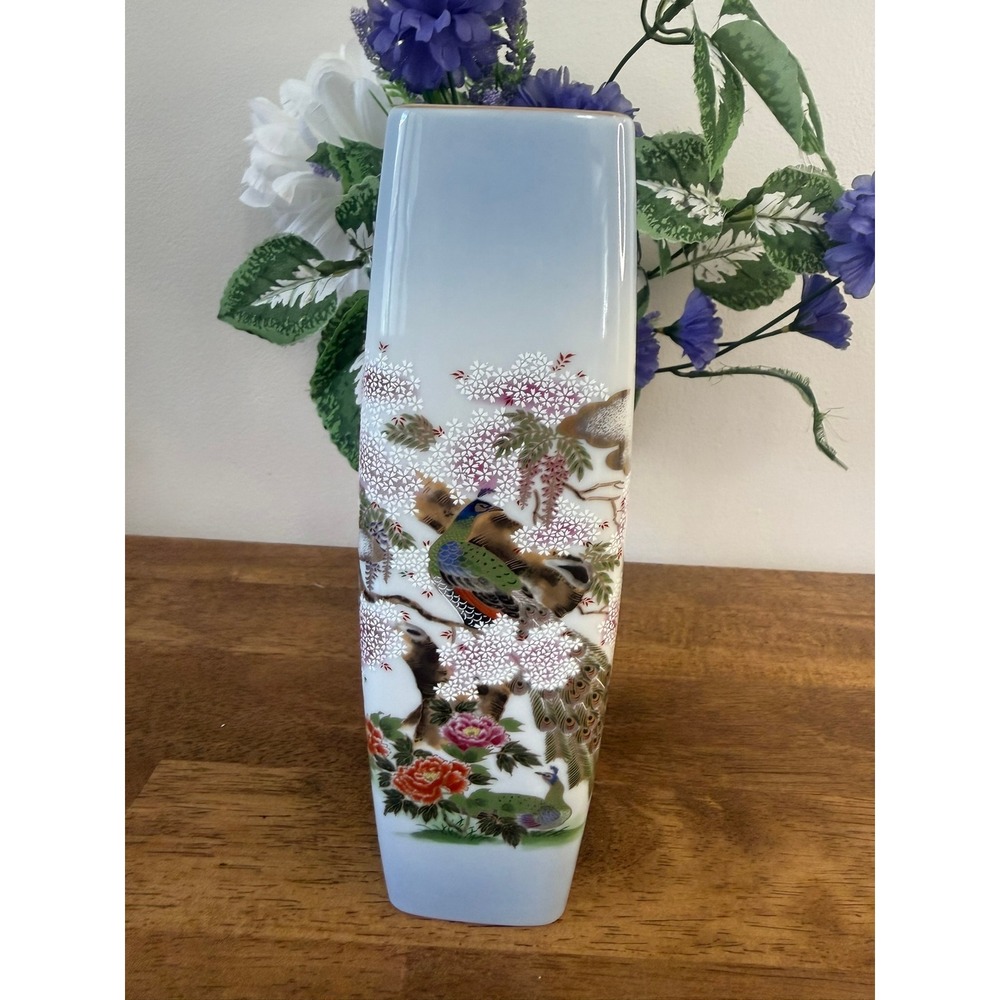 Vintage Meiho Japan Peacock Vase Hand Painted Porcelain Cherry Blossom Gold Gilt